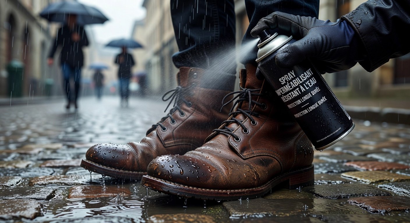 Spray imperméabilisant appliqué sur des chaussures en cuir par temps pluvieux